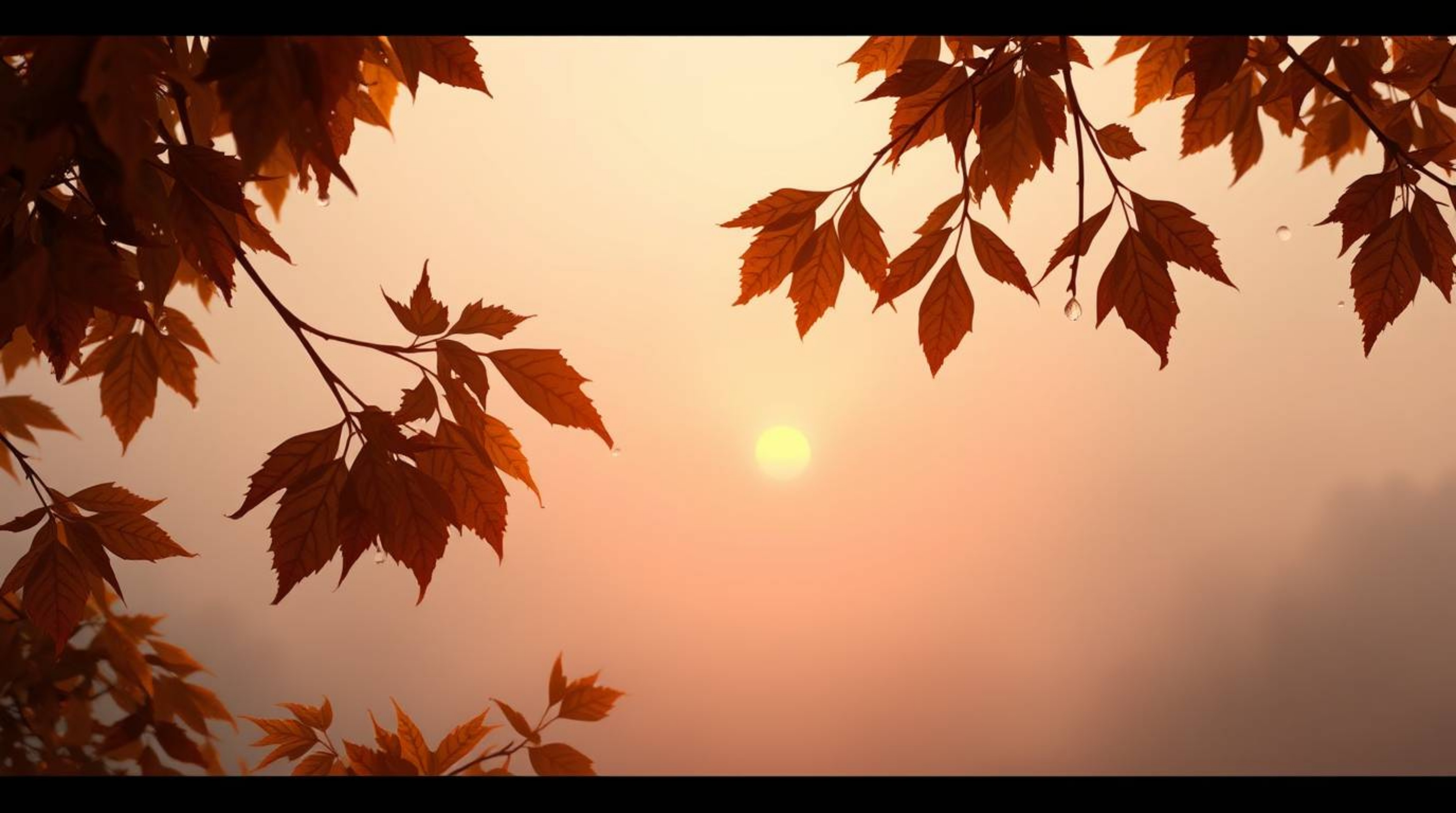 A digital painting showcasing thick fog bathed in warm autumn colors, with a captivating sunset reflected in glistening raind