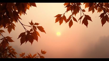 A digital painting showcasing thick fog bathed in warm autumn colors, with a captivating sunset reflected in glistening raind