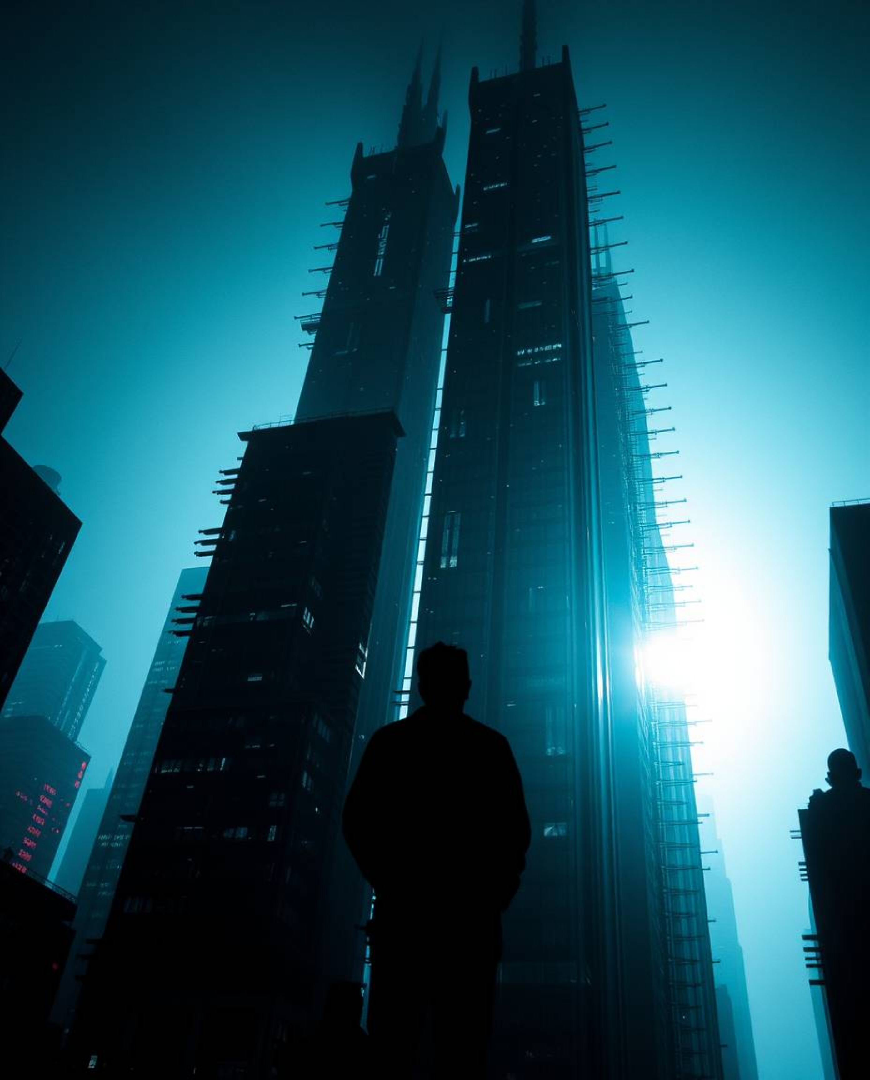 A captivating high-angle shot showcases a glitchy digital landscape. Distorted skyscrapers pierce a sky filled with static no