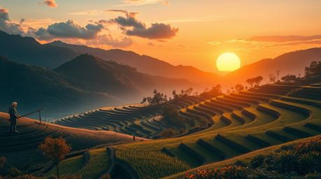 Experience a breathtaking futuristic sci-fi scene: a vibrant sunset paints the sky above stunning rice terraces nestled in ma