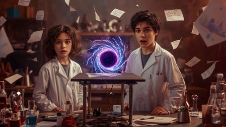 In a vibrant, cinematic photograph rendered in a hyper-realistic, Pixar-inspired style, a dynamic science fair duo unwittingl