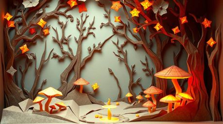 Intricate origami-style artwork depicting a vintage-style enchanted forest filled with glowing mushrooms, carefully crafted w