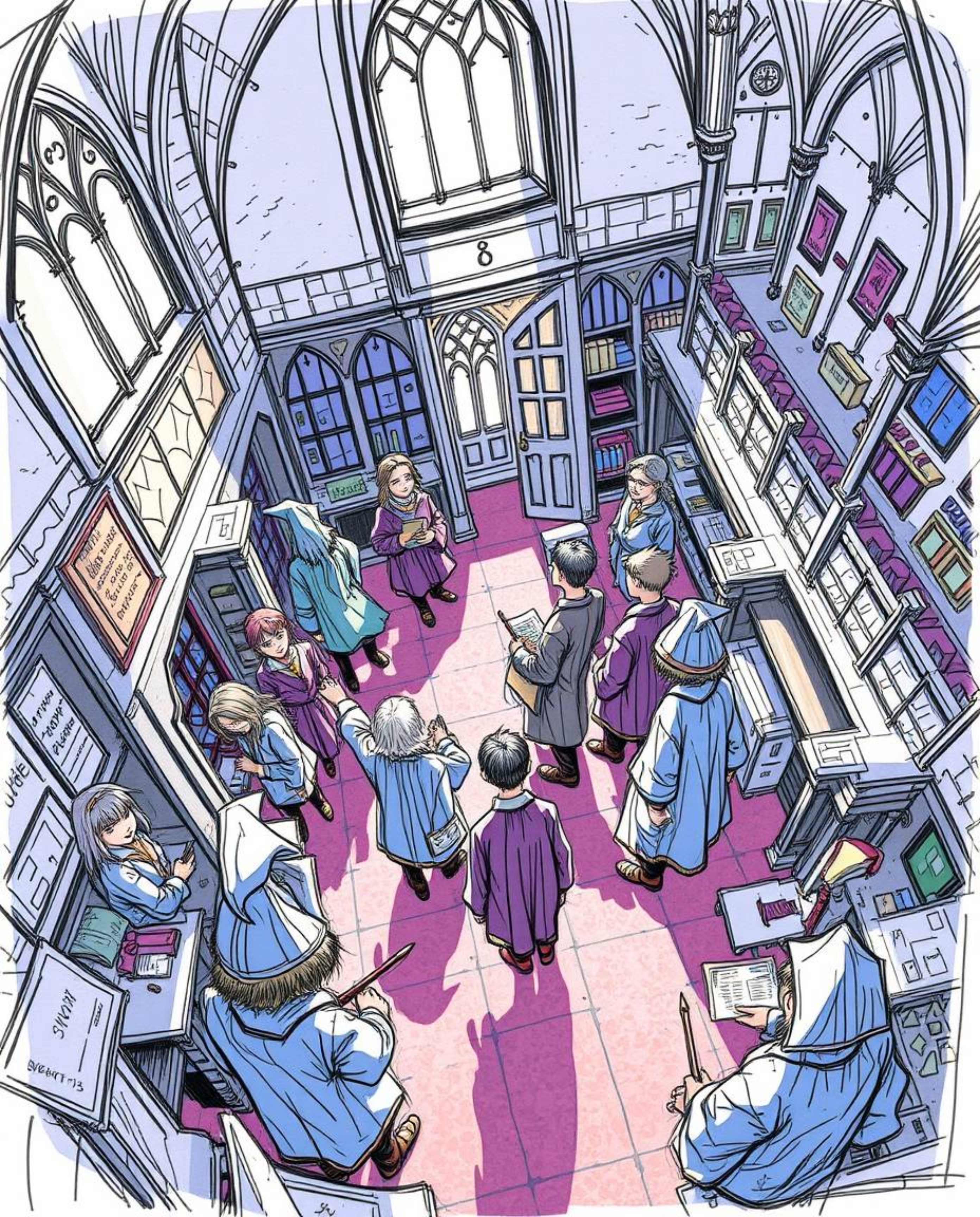 Explore a high-angle, hand-drawn sketch of a magical school teeming with young wizards. The strong hard light creates dramati