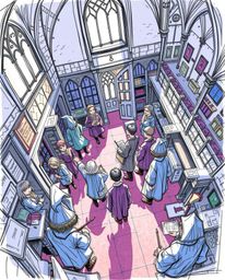 Explore a high-angle, hand-drawn sketch of a magical school teeming with young wizards. The strong hard light creates dramati