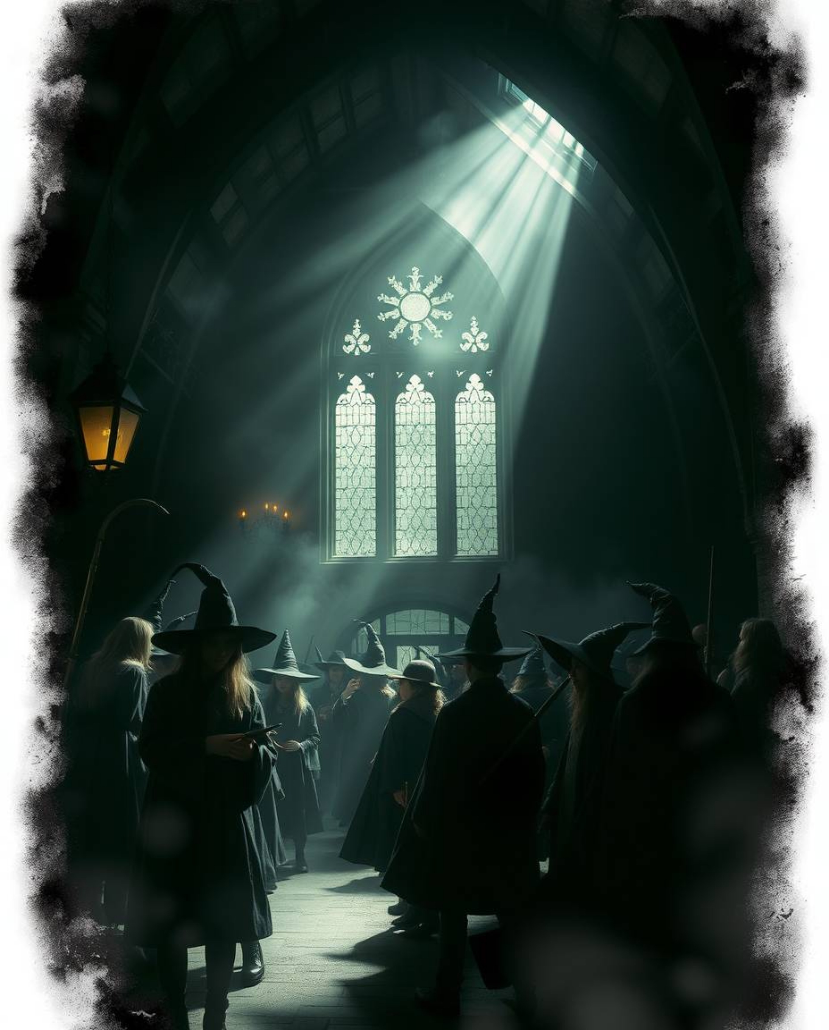 Discover a captivating scene of a magical school illuminated by volumetric lighting. Young wizards inhabit this eerie and cre