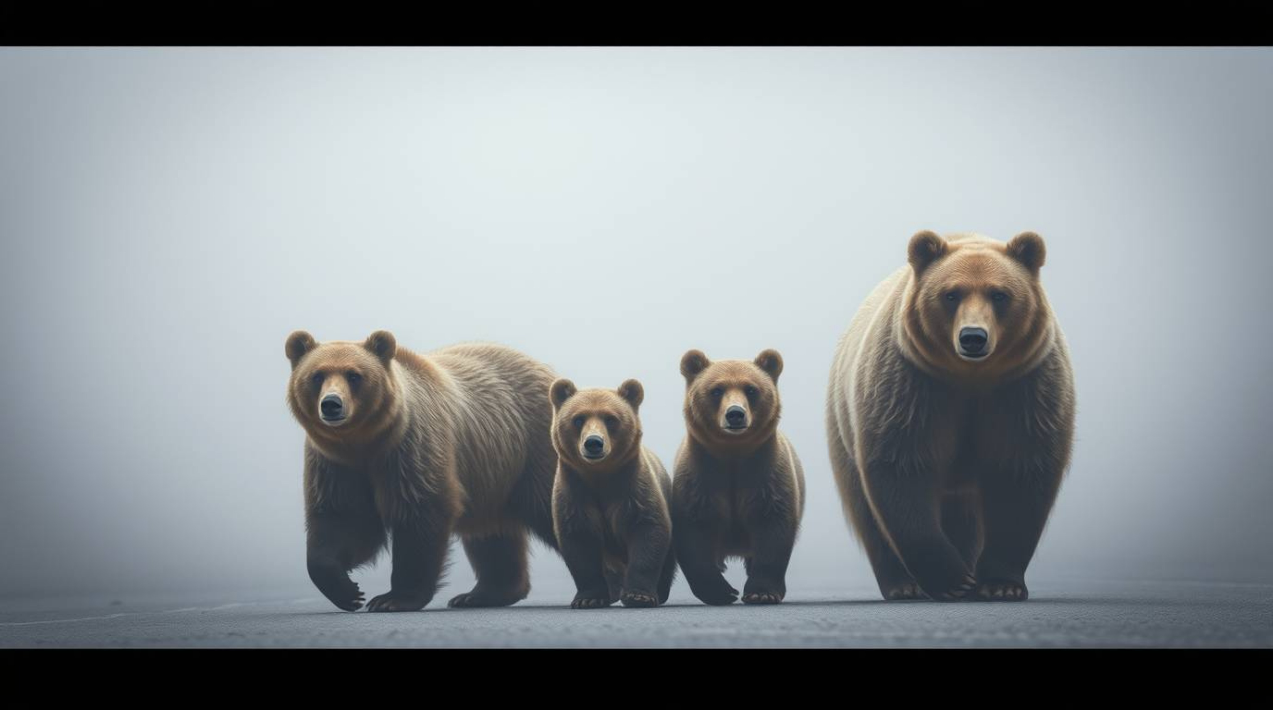 Witness a captivating scene of a bear family navigating an unexpected urban adventure.  Shrouded in thick fog, their graceful