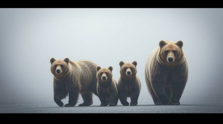 Witness a captivating scene of a bear family navigating an unexpected urban adventure.  Shrouded in thick fog, their graceful