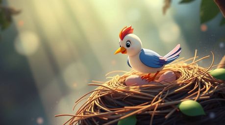 Delightful animation showcasing two cartoon birds meticulously constructing a nest. Rendered in a classic animation style wi