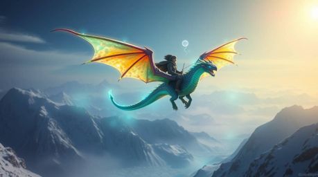 Experience the breathtaking sight of a dragon and its rider soaring above majestic icy mountains, bathed in a soft, ethereal 
