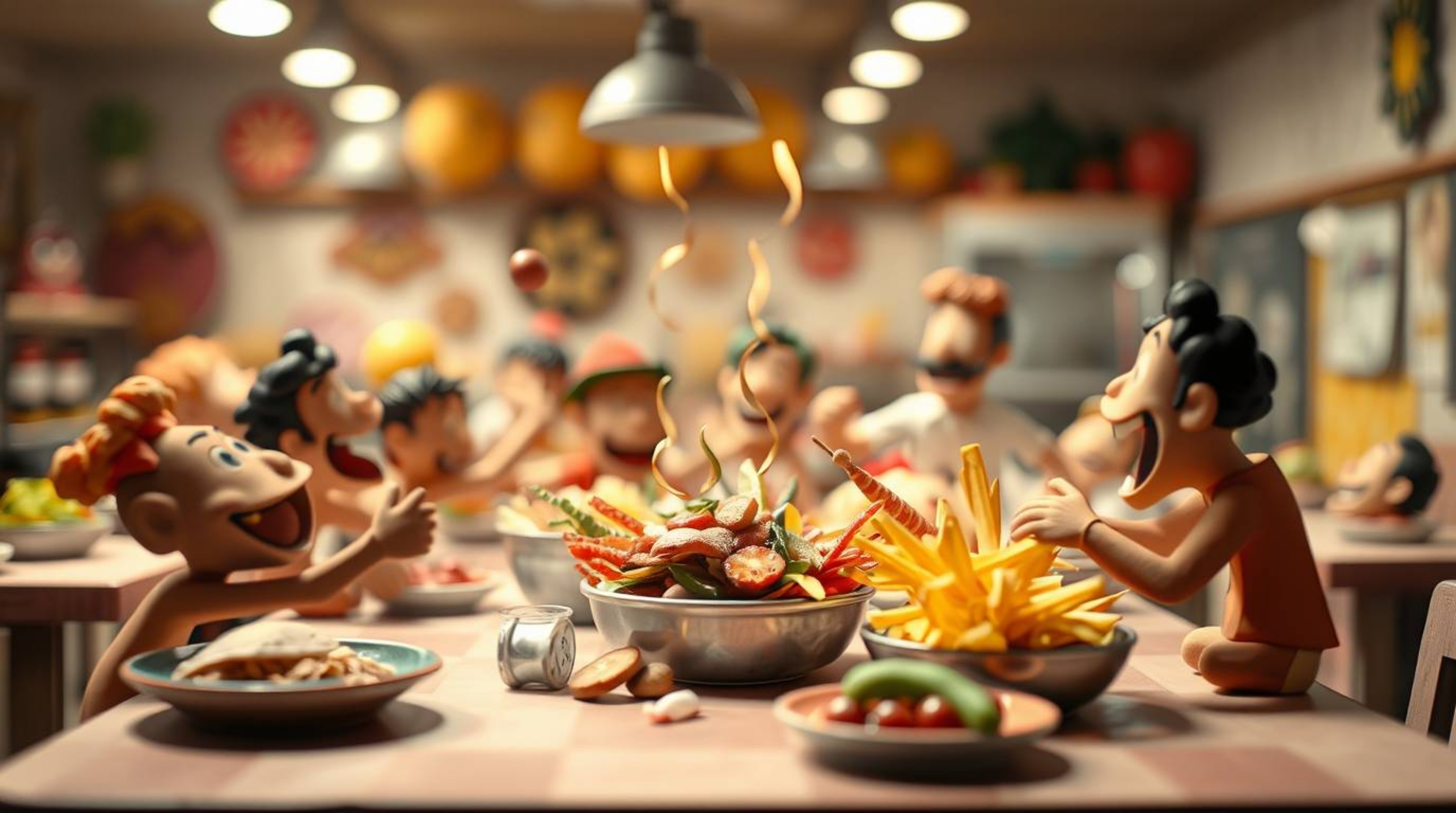A whimsical depiction of a chaotic food fight in a cartoon cafeteria, crafted from layered papier-mâché. The scene is bathed 