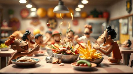 A whimsical depiction of a chaotic food fight in a cartoon cafeteria, crafted from layered papier-mâché. The scene is bathed 