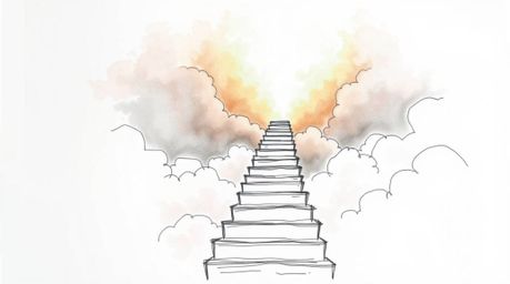 A captivating hand-drawn sketch depicts a surreal stairway ascending through smoky clouds towards a radiant celestial light. 