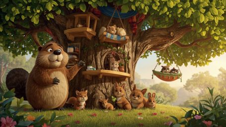 A high-resolution, commercially viable stock photo depicting a whimsical, Pixar-inspired beaver busily constructing a luxurio