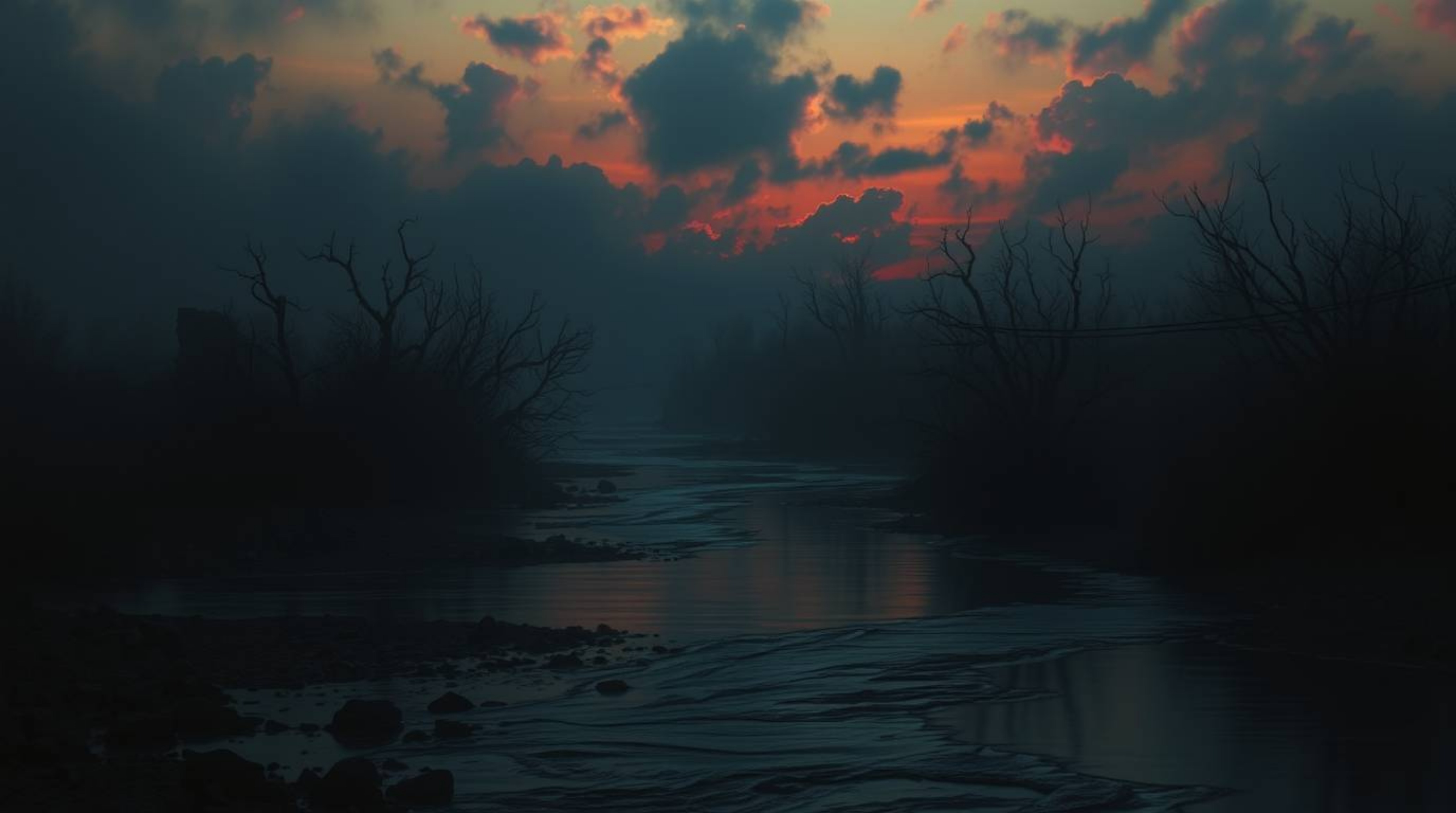 A captivating image depicting a creepy, eerie river delta at twilight. Rendered in a chiaroscuro style, the scene glows with