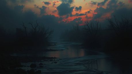 A captivating image depicting a creepy, eerie river delta at twilight. Rendered in a chiaroscuro style, the scene glows with 