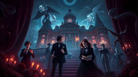 Dive into a surreal and dreamlike world where a group of teenagers unravel mysteries within a haunted mansion.  Rich burgundy