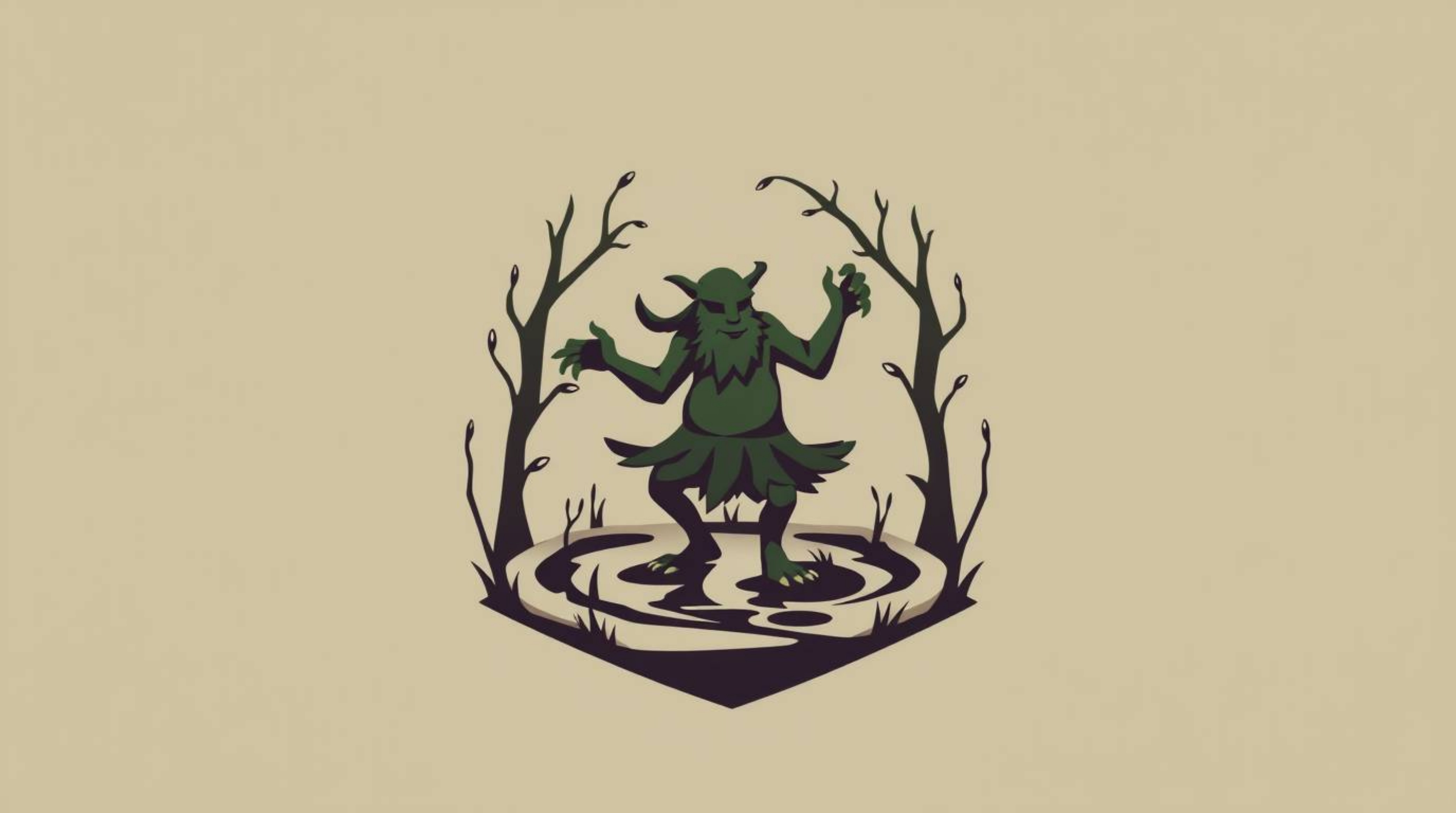 A geometric logo featuring an ogre dancing in a swamp, designed with balance and symmetry. Clean lines and gentle color contr