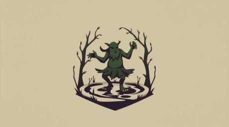 A geometric logo featuring an ogre dancing in a swamp, designed with balance and symmetry. Clean lines and gentle color contr