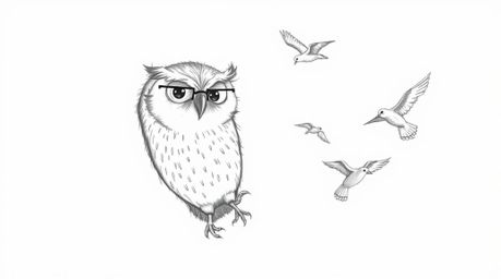 A heartwarming hand-drawn sketch in the style of Pixar depicts a blind owl, its meticulously detailed feathers contrasting be