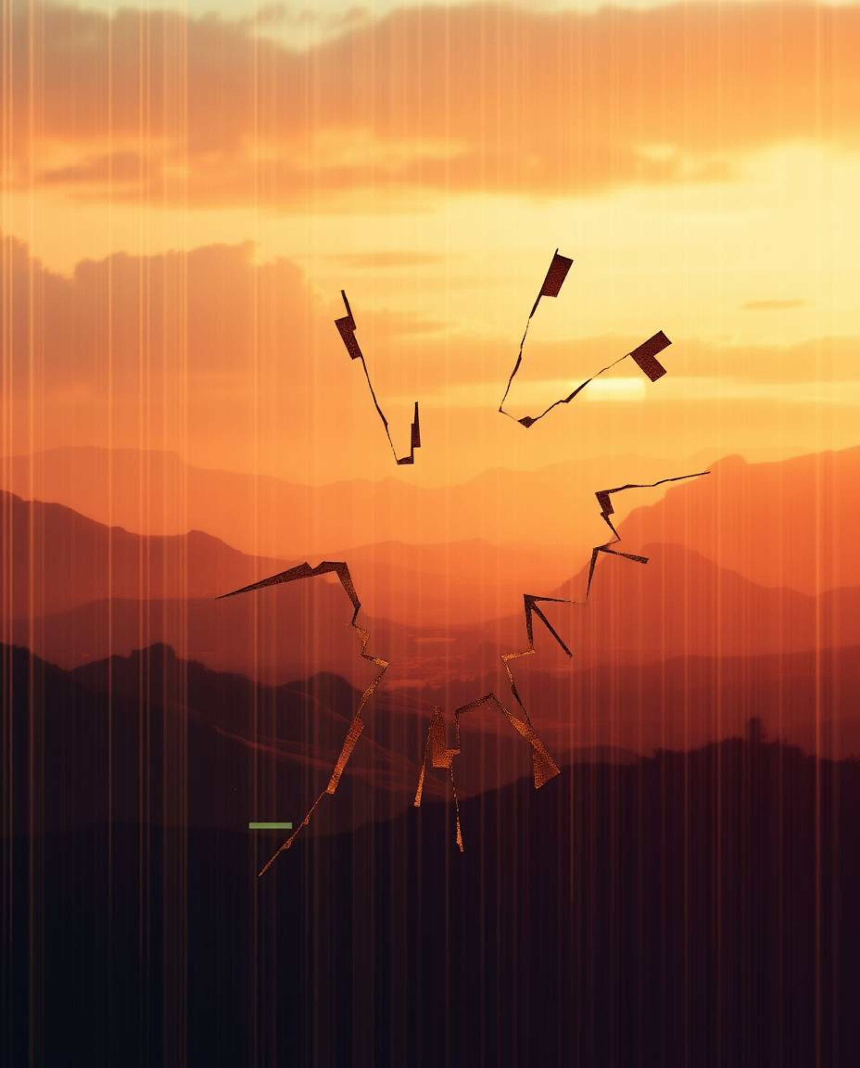 A captivating digital glitch landscape where forms are breaking apart, bathed in the soft, warm light of the golden hour. Thi