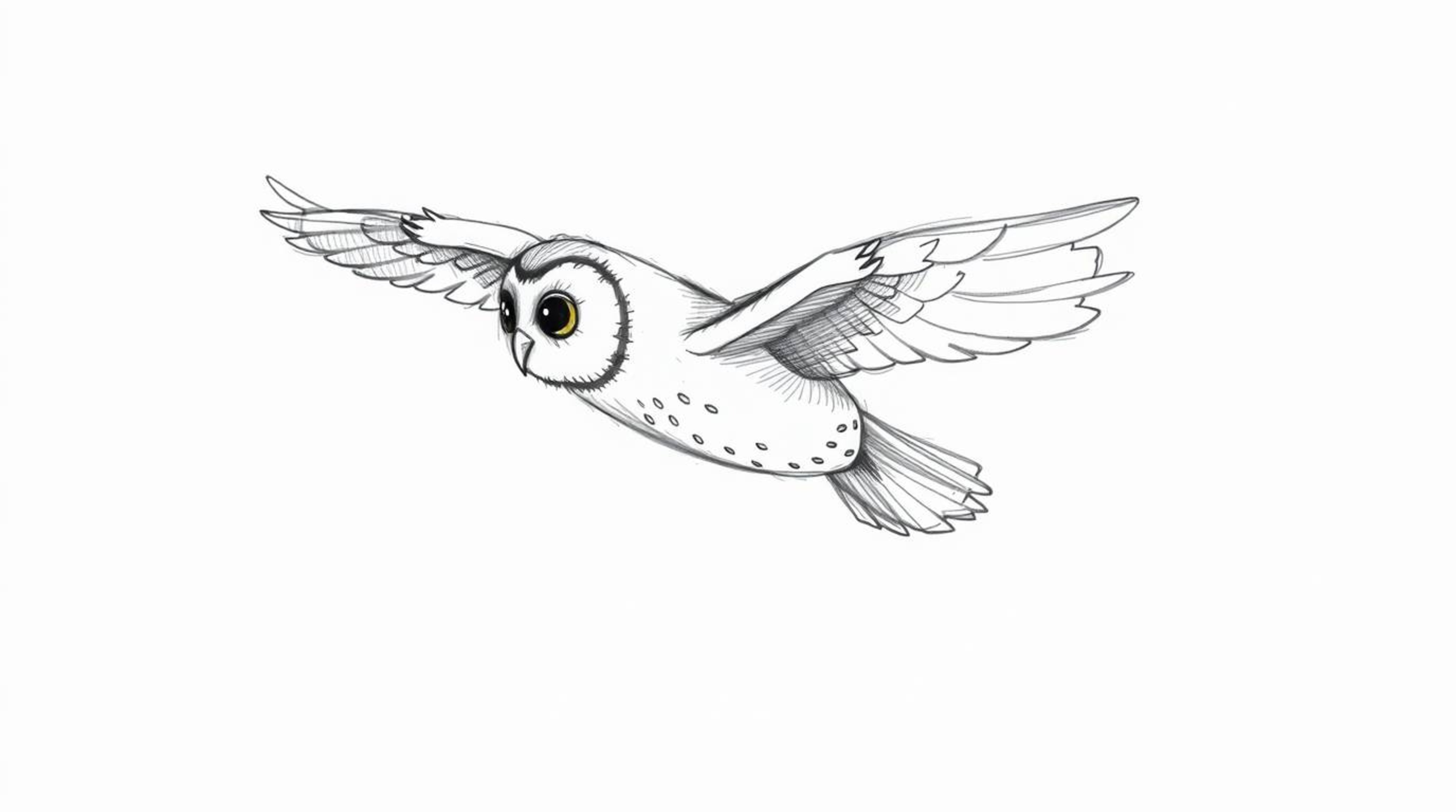 A hand-drawn sketch in the style of Pixar portrays a blind owl, rendered with textured pencil strokes and rough lines, engagi