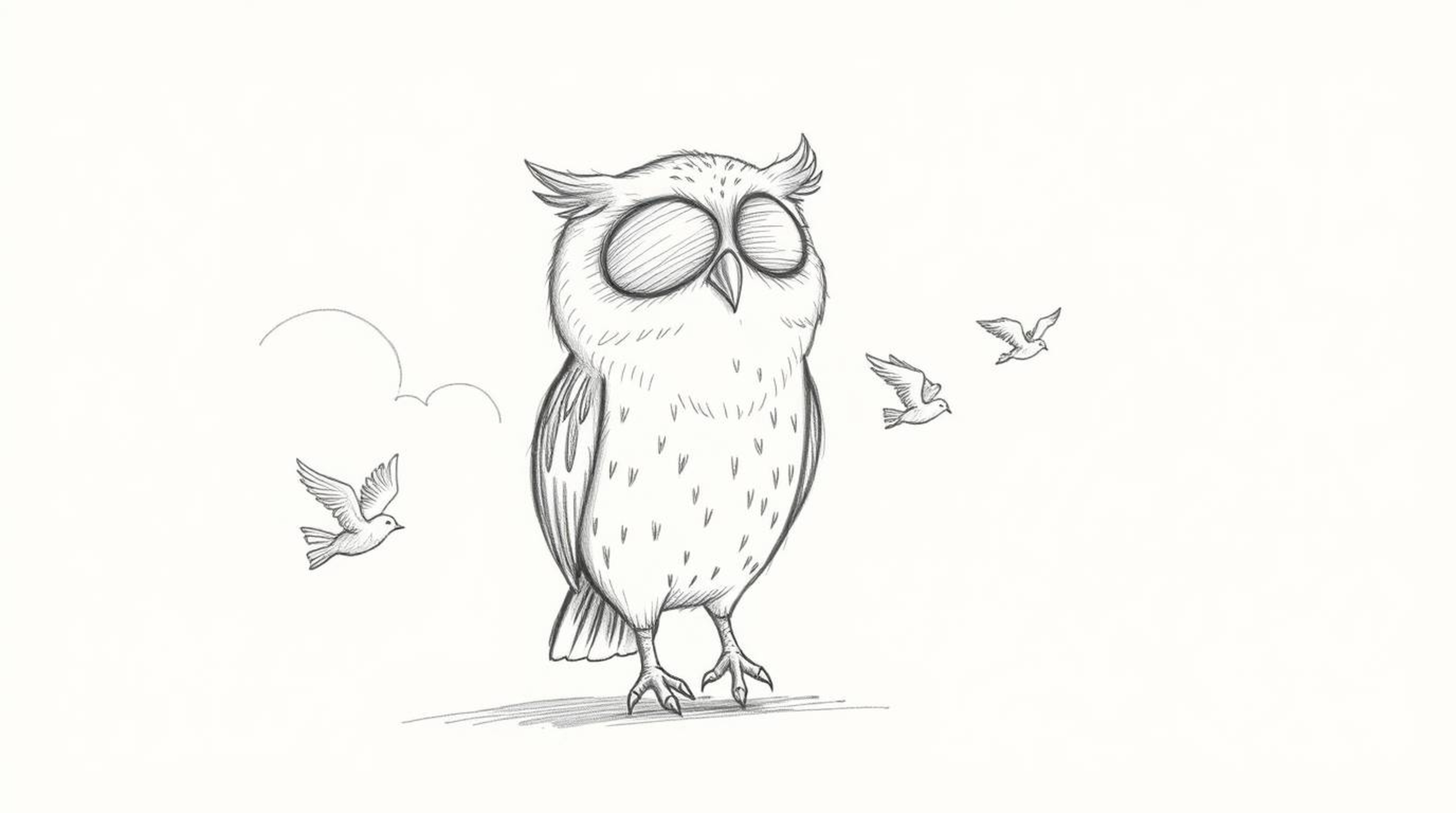 This is a charming hand-drawn sketch created in a distinct Pixar style. It features a blind owl with soft, round features pat