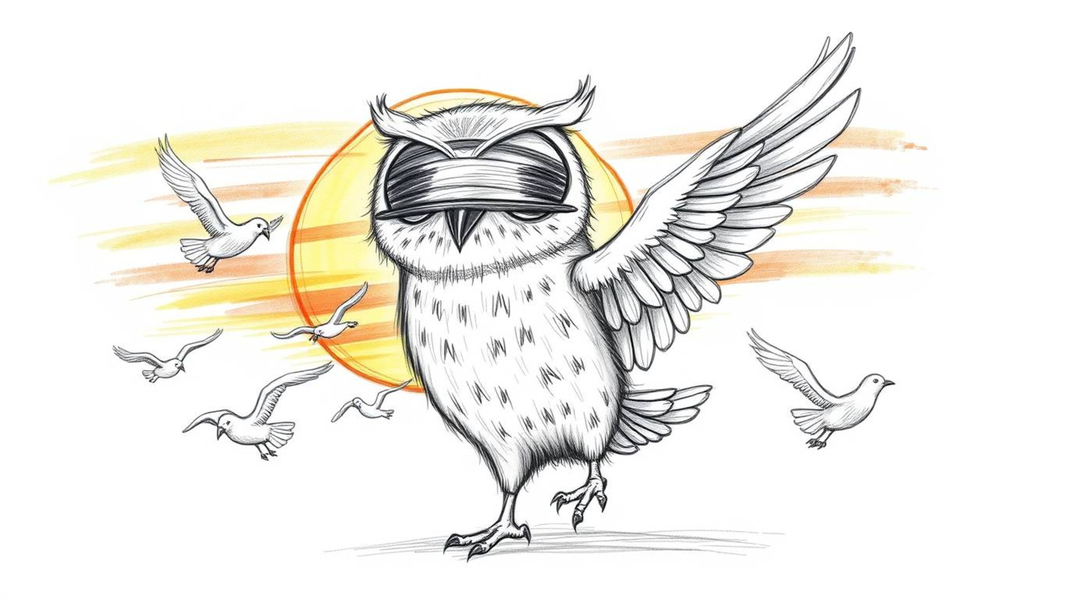 A charming Pixar-style hand-drawn sketch depicts a gentle, blind owl teacher with large, expressive eyes leading a class of f