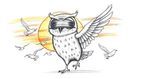 A charming Pixar-style hand-drawn sketch depicts a gentle, blind owl teacher with large, expressive eyes leading a class of f