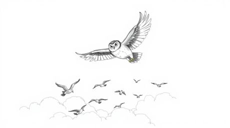 A hand-drawn sketch in Pixar style showcases a blind owl with textured pencil strokes, soaring proudly above fluffy white clo