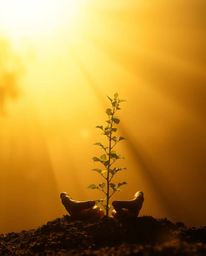 Experience the serene beauty of volumetric lighting illuminating hands delicately planting a sapling beneath a breathtaking g