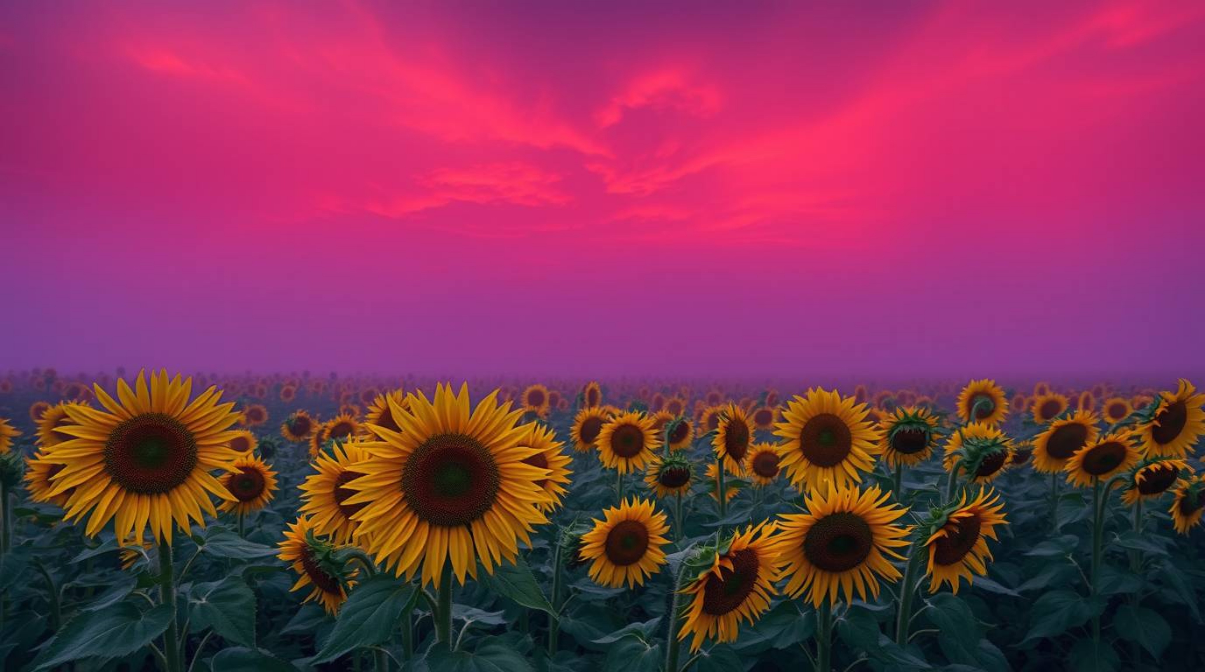 Experience a vibrant and energetic scene featuring a sunflower field bathed under a deep red and purple sky.  Thick fog creat