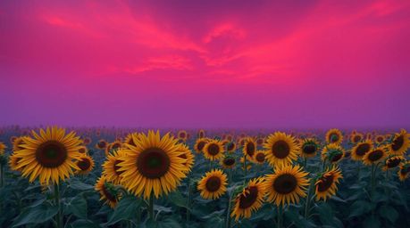 Experience a vibrant and energetic scene featuring a sunflower field bathed under a deep red and purple sky.  Thick fog creat