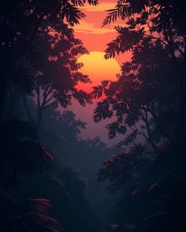 An Isekai anime-style depiction of a sunset viewed through a dense jungle canopy. This artwork is characterized by its smooth
