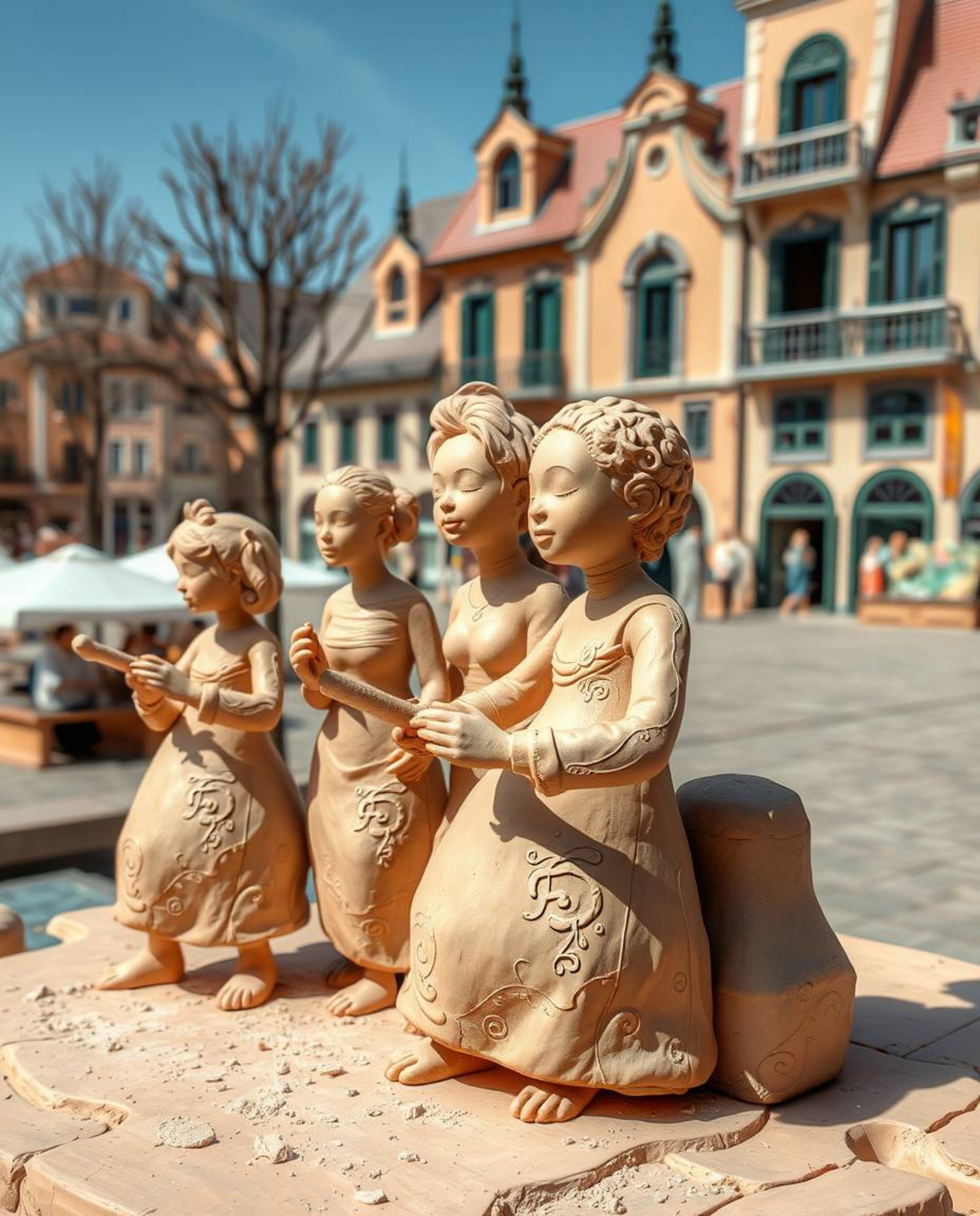 Explore a collection of sculptural clay art pieces presented alongside a vibrant musical number in a bright town square. The