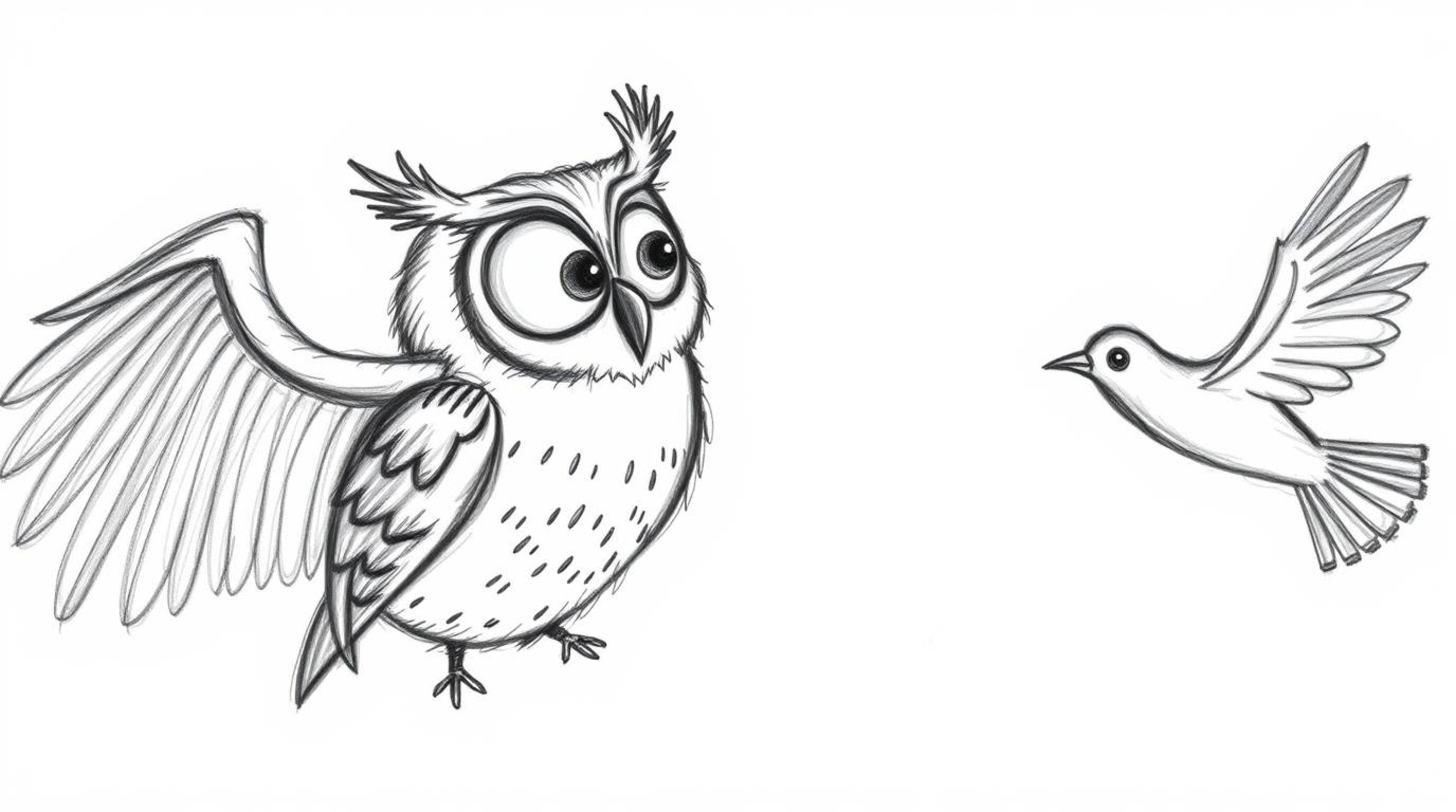 A heartwarming hand-drawn sketch in the style of Pixar, features a blind owl with large, expressive eyes, ingeniously guiding