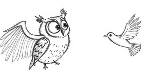 A heartwarming hand-drawn sketch in the style of Pixar, features a blind owl with large, expressive eyes, ingeniously guiding