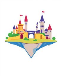 This vibrant logo design depicts a colorful kingdom with floating islands and castles, viewed from a low angle. Its clean li