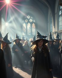 Experience a soft, dreamy atmosphere within a magical school teeming with young wizards, all bathed in soft, hazy light.  The