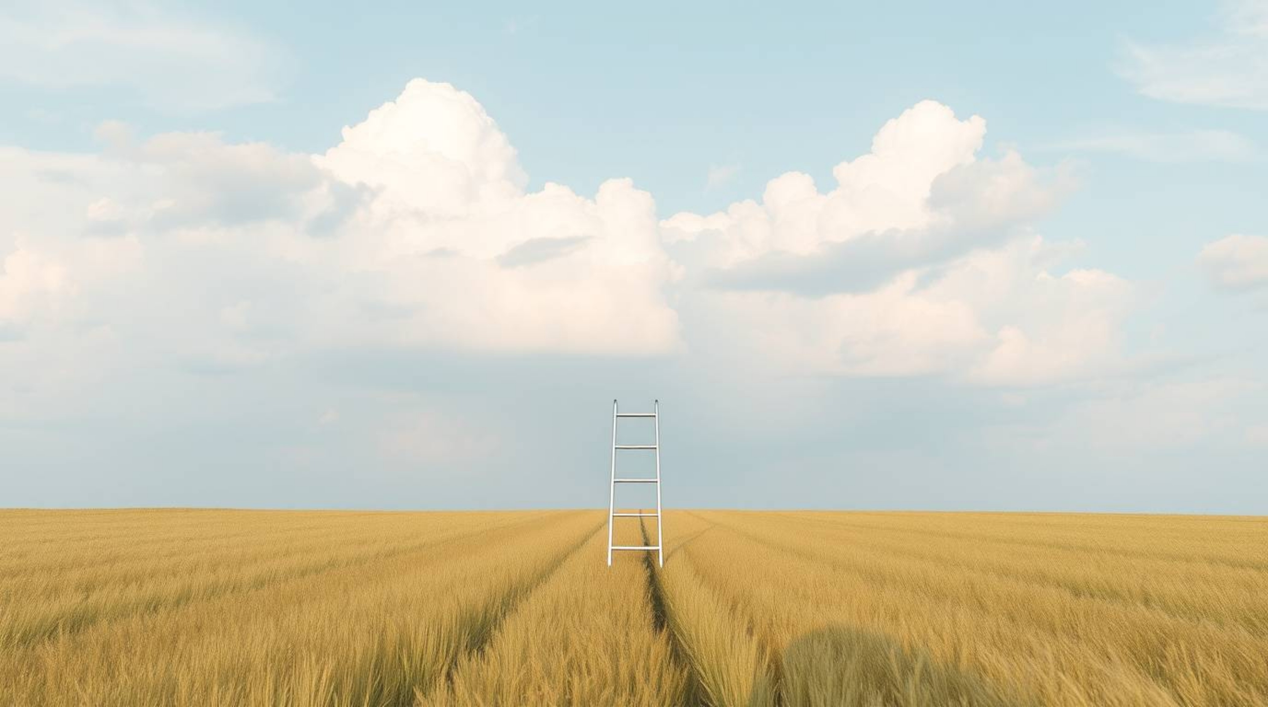 A minimalist scene featuring a silver ladder in an open field beneath a cloudy sky, symbolizing opportunity.  The design conc