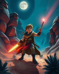 A captivating digital illustration in the style of Disney depicts a brave hero embarking on a desert adventure. The scene is 