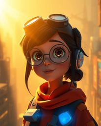 Experience the radiant warmth and dramatic effect of a young inventor girl in a futuristic city, rendered in a captivating Pi