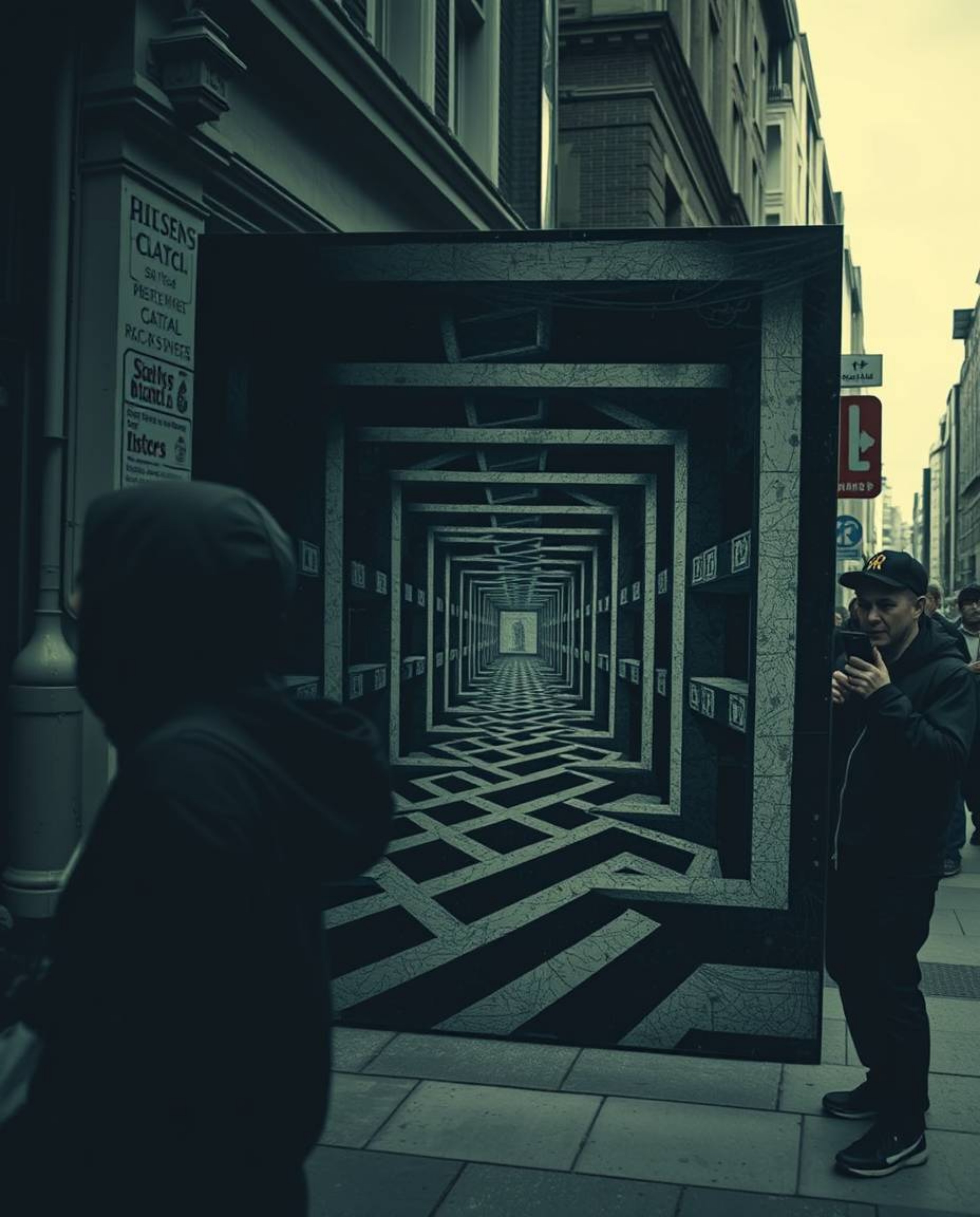 Explore the unsettling beauty of candid street photography interwoven with Escher-style impossible geometry. This series capt