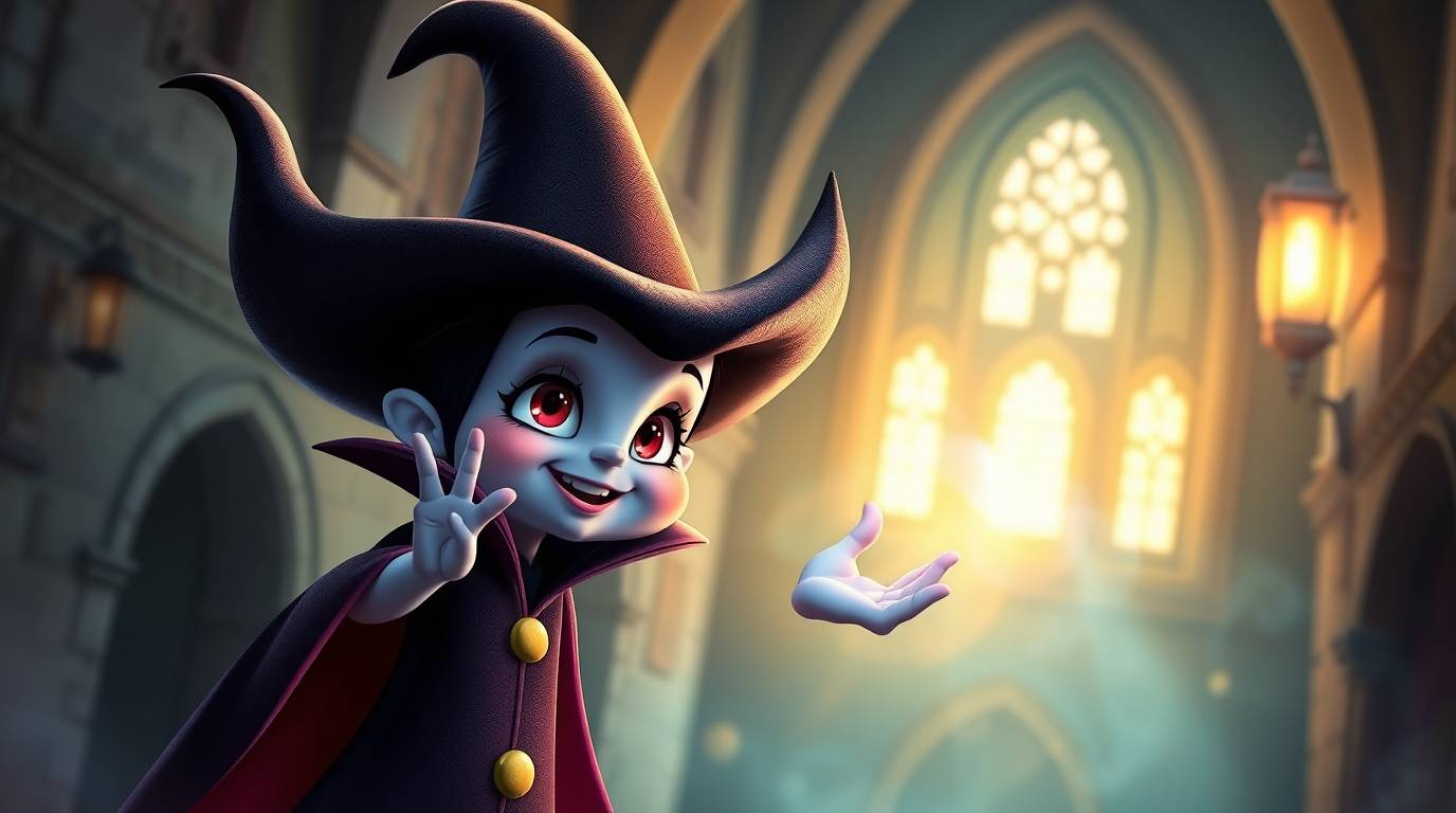 Discover a captivating digital painting of an adorable Disney villain casting a spell within an ancient castle. The artwork