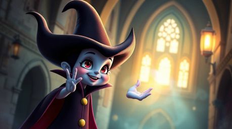 Discover a captivating digital painting of an adorable Disney villain casting a spell within an ancient castle. The artwork