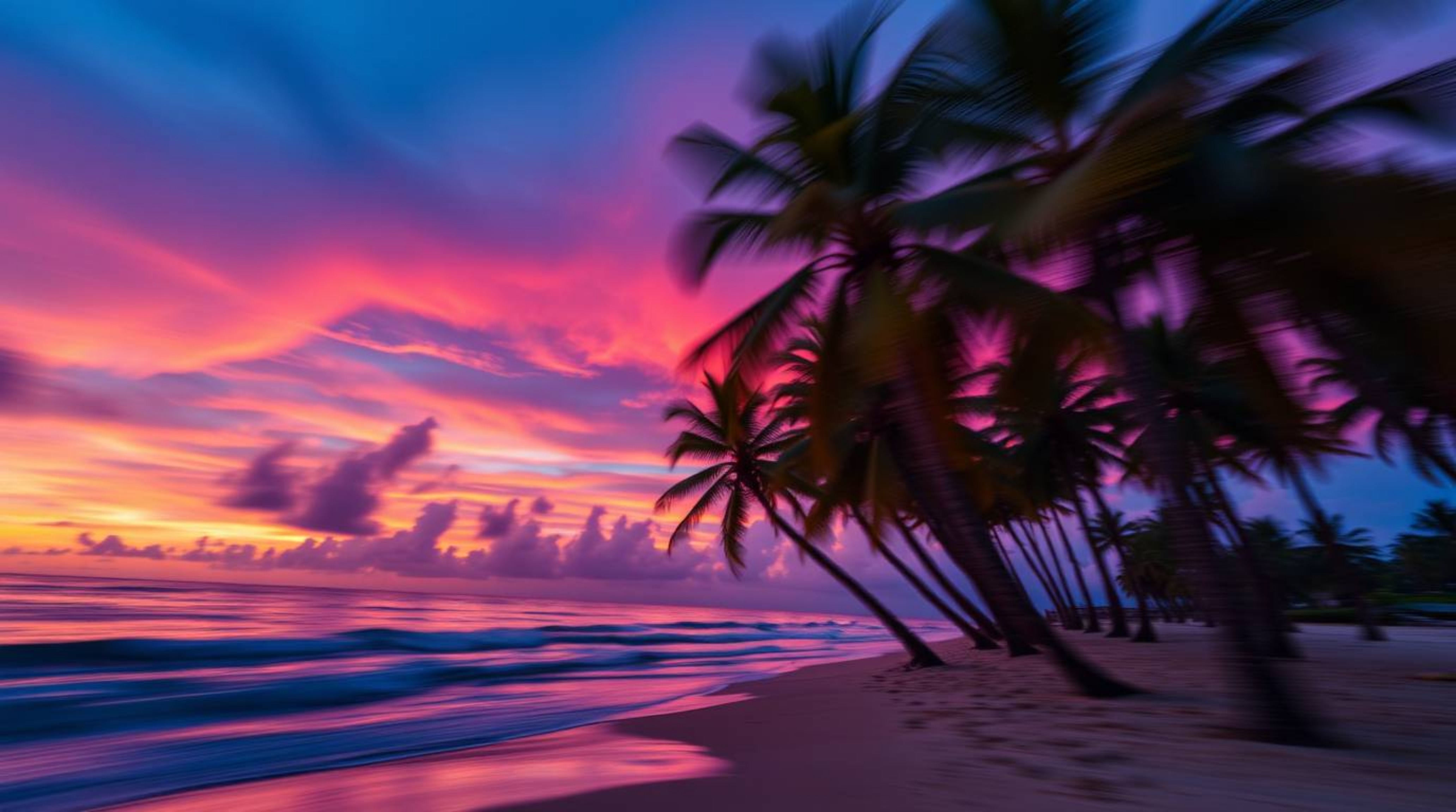 Capture the essence of a tropical paradise with a dynamic action shot of a beach sunset. Palm trees sway gently as deep ultra