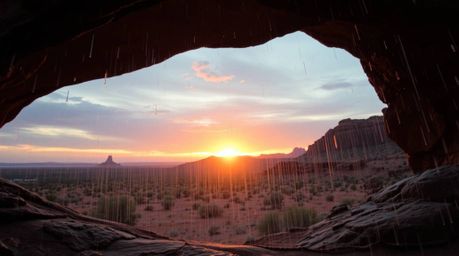 Capture the essence of ethereal and spiritual vibes with stunning visuals. Imagine a desert sunset framed by a natural rock a