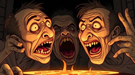 This eerie illustration captures a hilarious gross-out comedy moment with incredibly exaggerated expressions. Bathed in warm 