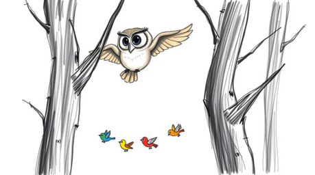 A heartwarming hand-drawn sketch in the style of Pixar depicts a wise, blind owl gliding gracefully between trees, guiding a 