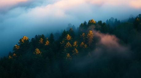 Experience the serene beauty of a golden hour forest shrouded in mist, captured in a cinematic style with cool blues, greens,