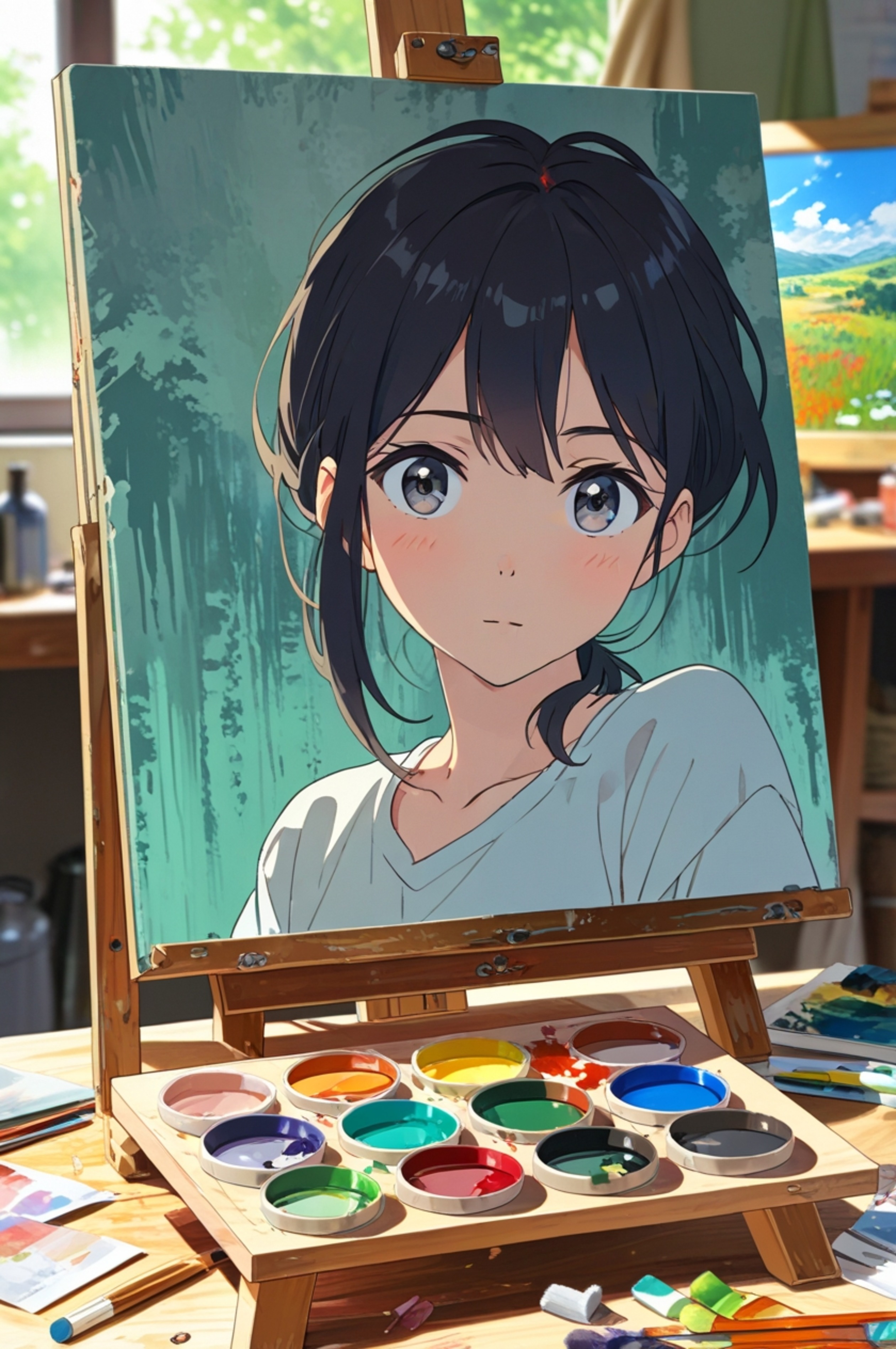 Capture the essence of an artist's creative space with a vibrant palette of oil paints resting gracefully on a wooden easel a